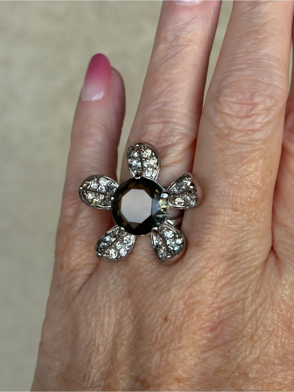 Camille Lucie Silver Flower Cocktail Ring with Smoky Crystal Center